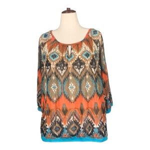 Vibrant Multi-Color Sheer Bohemian Top Abstract Design Peephole Neckline Size 2X